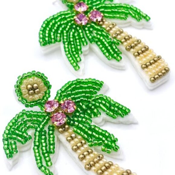 Fun Tropical Seed Bead Hand Beaded Palm Tree Rhinestone Coconuts Dangle Earrings - Picture 3 of 3